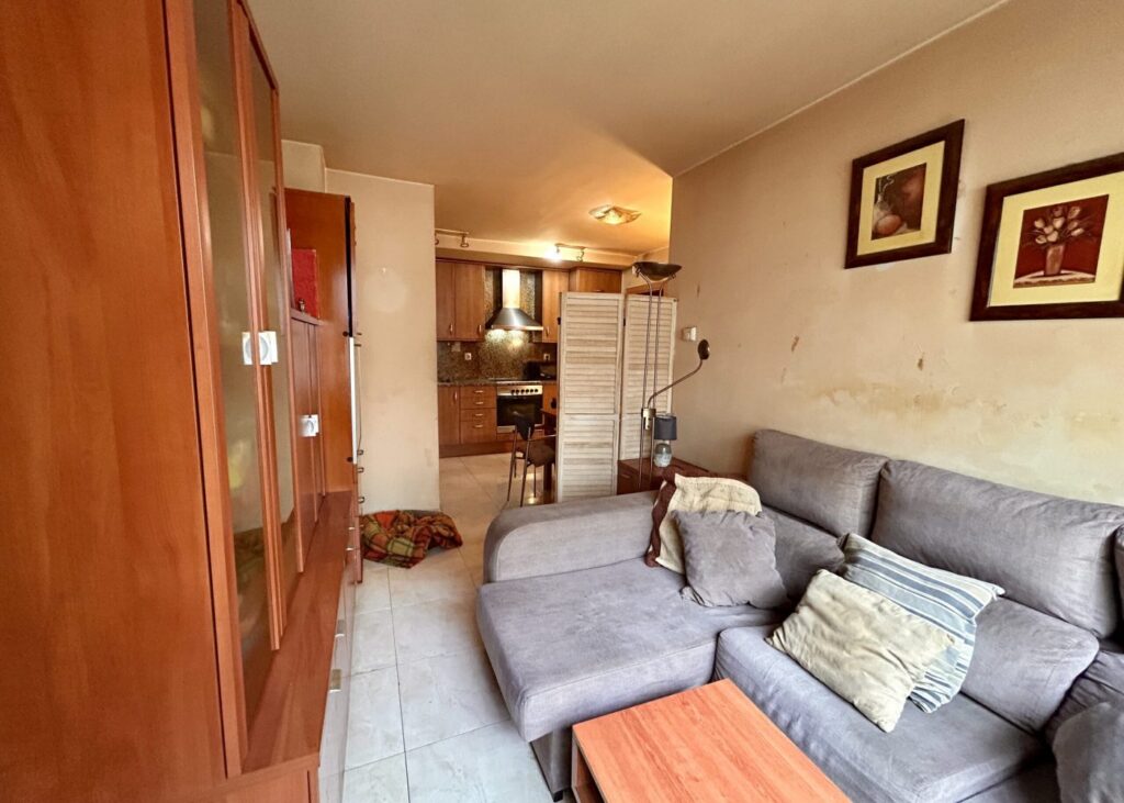 Salón con sofá y vista hacia la cocina