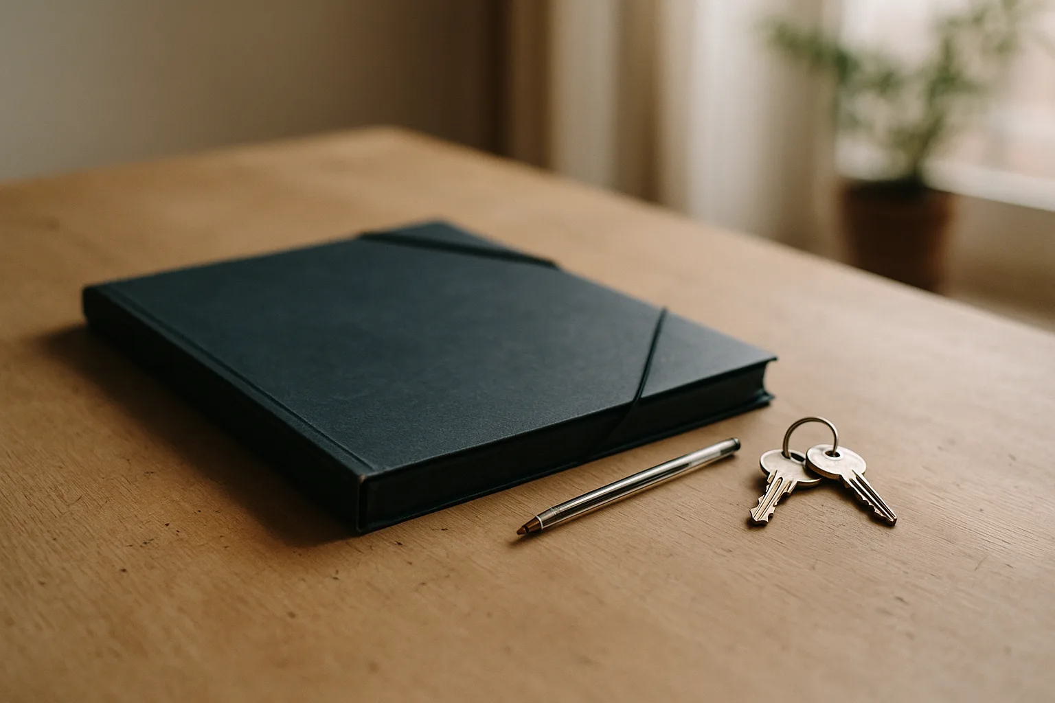 Carpeta de documentos, bolígrafo y llaves sobre una mesa de madera